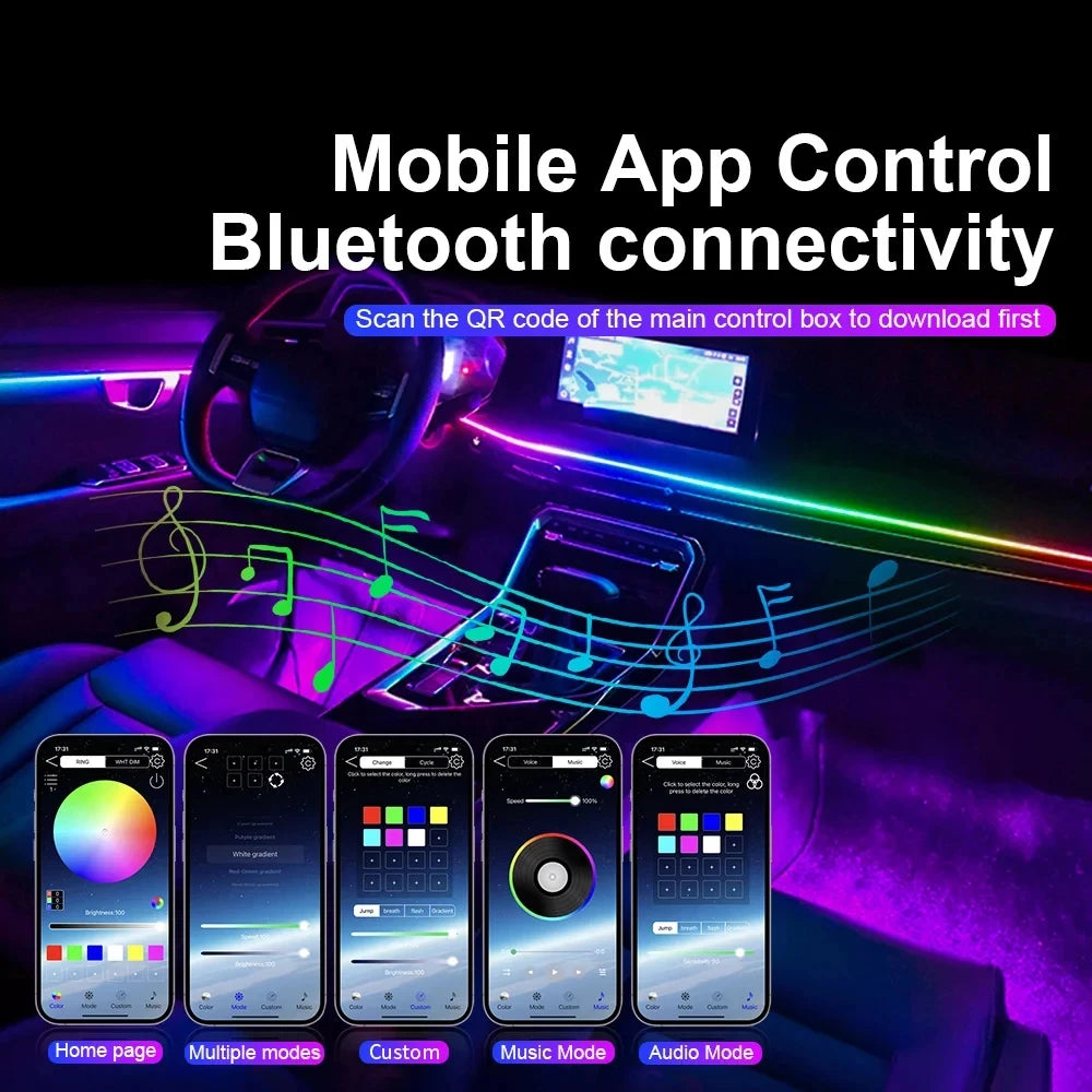 22 In1 Car Acrylic LED Ambient Lamps Universal Colorful Atmosphere Lights Auto Interior Neon Strip App Control 64 RGB  Lighting