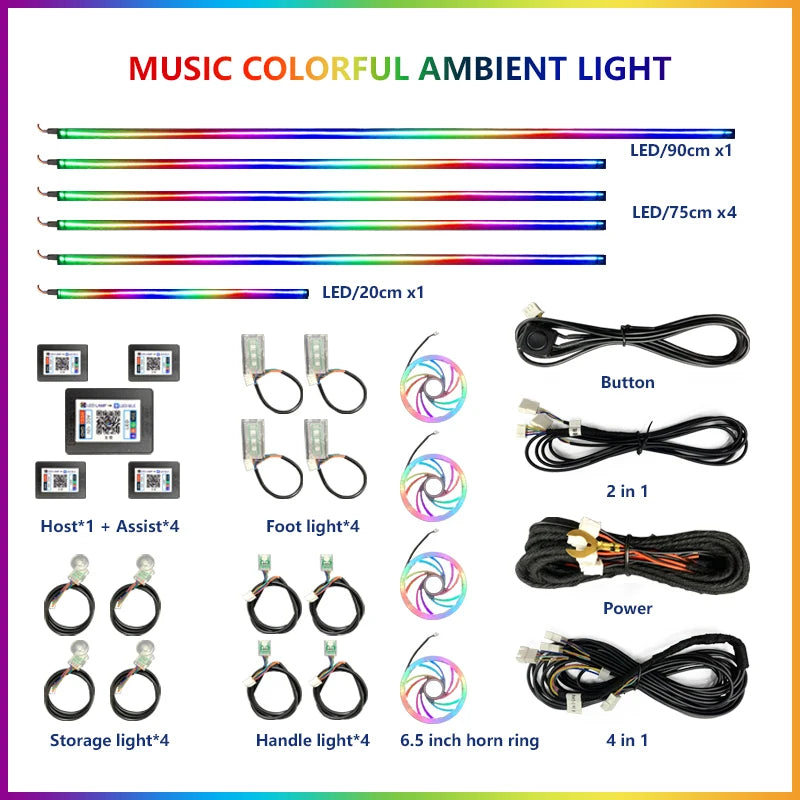 22 In1 Car Acrylic LED Ambient Lamps Universal Colorful Atmosphere Lights Auto Interior Neon Strip App Control 64 RGB  Lighting
