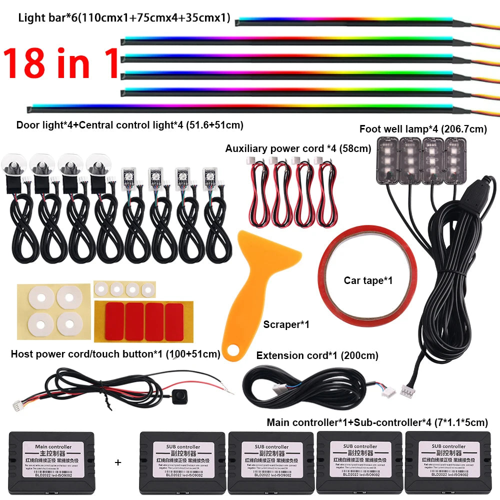 Car Ambient Light 18 in 1 RGB 64 Colors Symphony Interior Acrylic Guide Fiber Strip Decoration Atmosphere Light With App Control