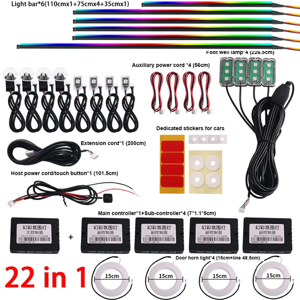 Car Ambient Light 18 in 1 RGB 64 Colors Symphony Interior Acrylic Guide Fiber Strip Decoration Atmosphere Light With App Control