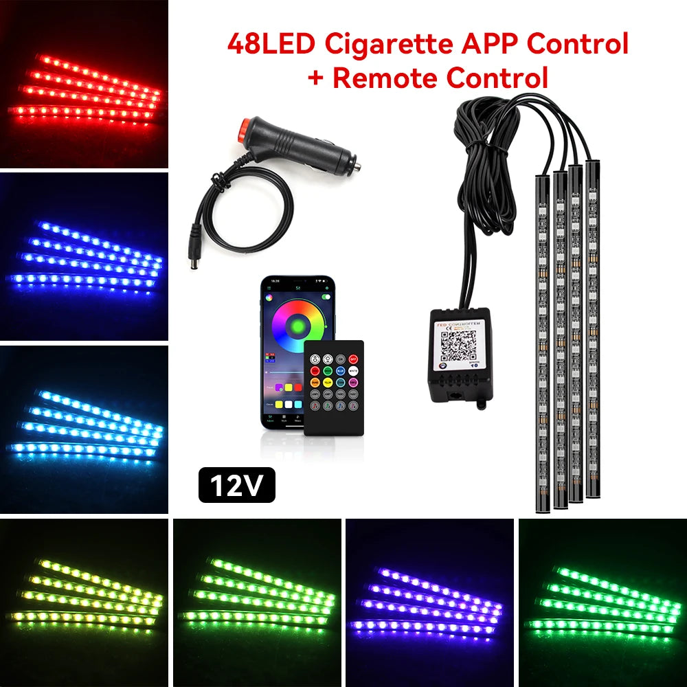 Neon 36 48 72 LED Car Interior Ambient Foot Light Kit Backlight Remote App Music Control Auto RGB Atmosphere Decorative Lamp