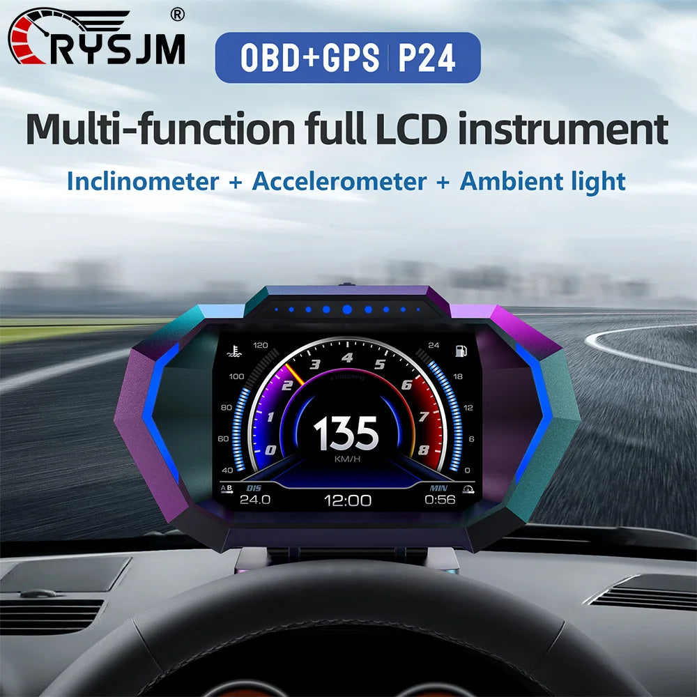 P24 OBD + GPS HUD OBD Head Up Display Car on Board Computer Digital Speedometer Fuel Consumption Water Temp Voltage Slope Meter