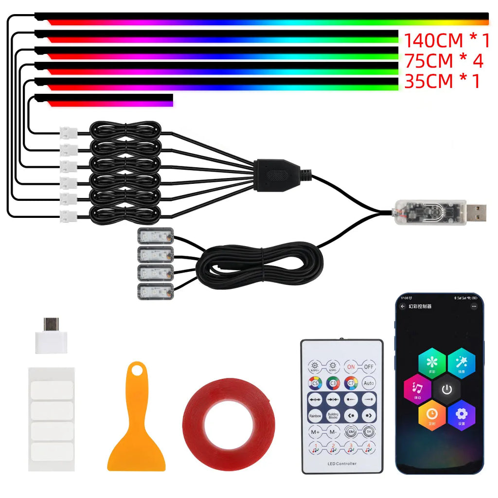 KEVANLY Car Ambient Lights 10 in 1 Footwell Universal RGB Atmosphere Lamps USB APP Remote Cigar Lighter for Tesla Model 3 Y S X