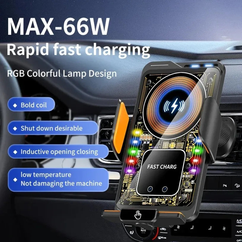 Magnetic 15W Car Wireless Charger Max 66W Fast Charging Auto-Clamping RGB Light Phone Holder Stand Bracket For iPhone Samsung