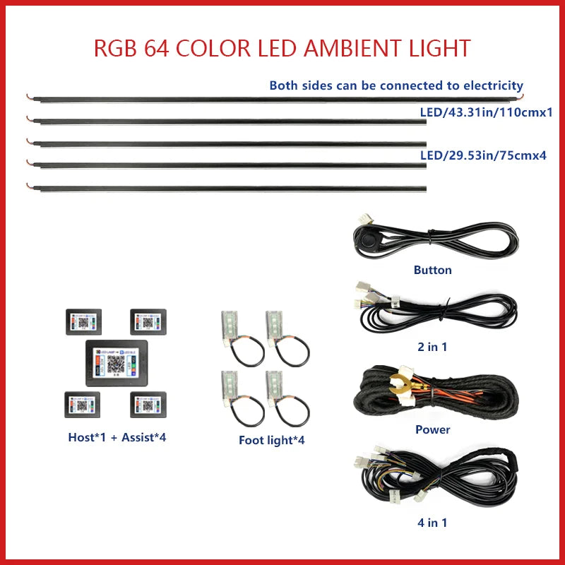 22 In1 Car Acrylic LED Ambient Lamps Universal Colorful Atmosphere Lights Auto Interior Neon Strip App Control 64 RGB  Lighting